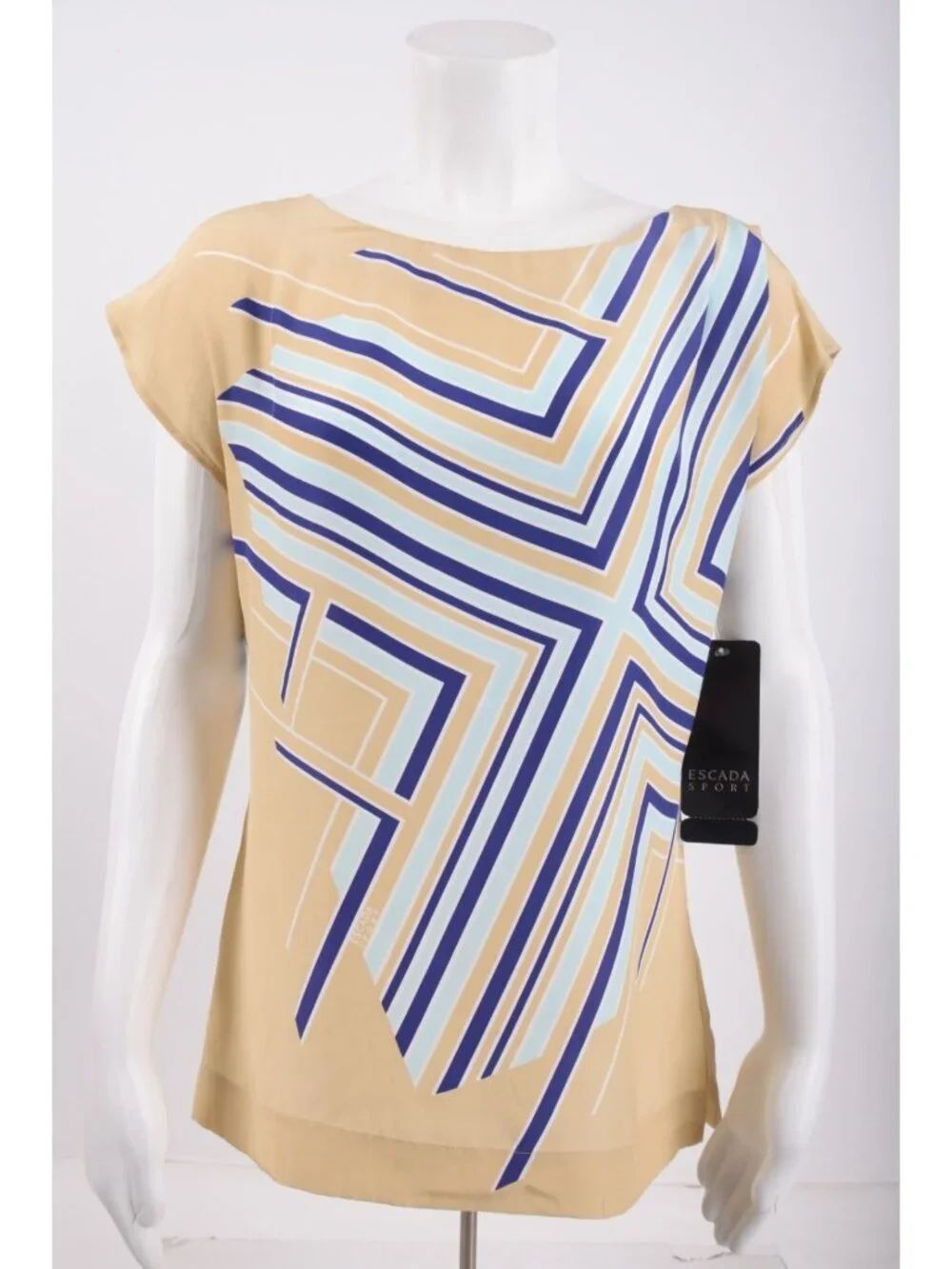 Escada Sport Womens Silk Blouse Top Beige Blue EU 36 US S Geometric NWT $250